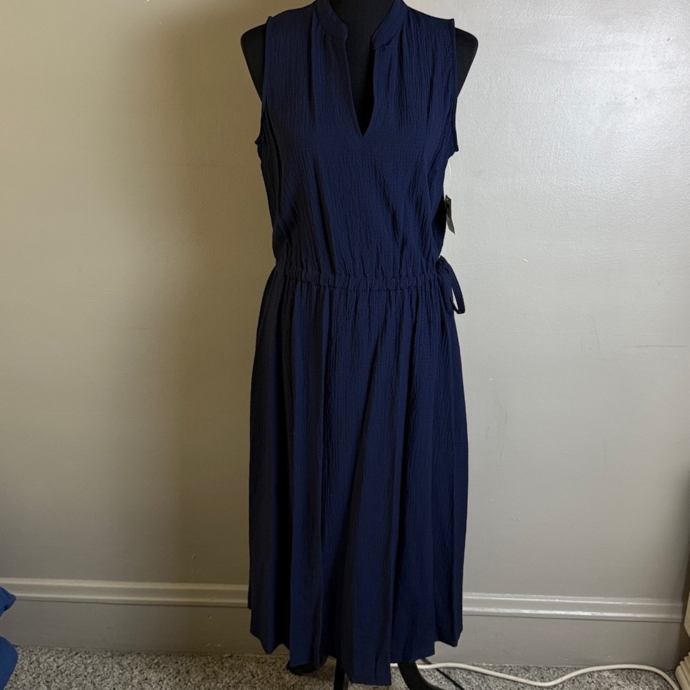 Anne Klein Navy Sleeveless Midi Dress V-Neck Drawstring Tie Waist Sz 10 NWT